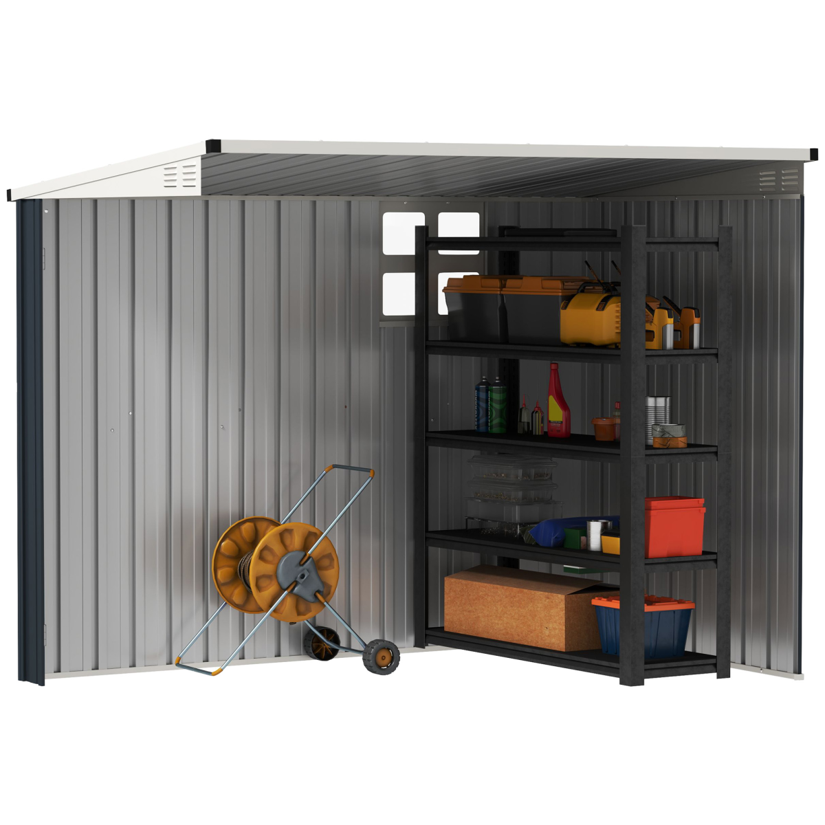 Outsunny 7.6x4ft Galvanised Steel Garden Storage Shed with Window, Vents & Lockable Door, Dark Grey