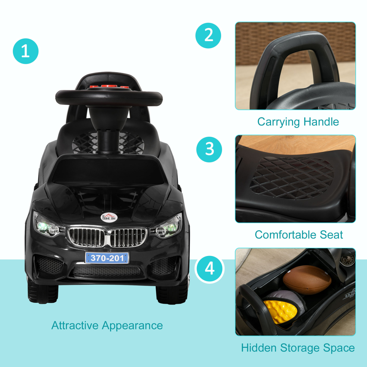 HOMCOM Ride-On Car for Toddlers with Steering Wheel, Horn & Under-Seat Storage – Foot-to-Floor Slider, Black