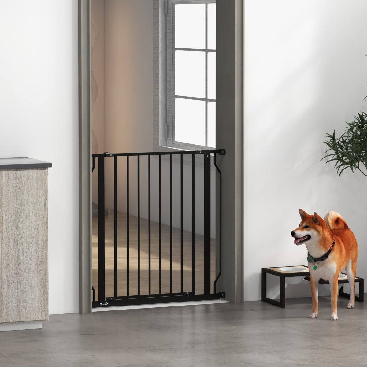 PawHut Wide Pressure-Fit Dog Stair Gate with Door, 75–85cm Adjustable Width, Black