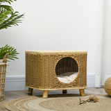 PawHut Elevated Wicker Cat House with Soft Cushion & Door Hole – Cosy Indoor Cat Bed, Light Brown