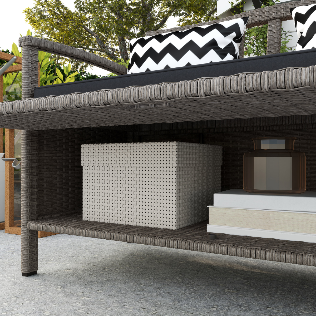 Outsunny 160L Rattan Garden Storage Bench with Cushioned Seat & Pillow Back – 2-in-1 Outdoor Seating, Grey