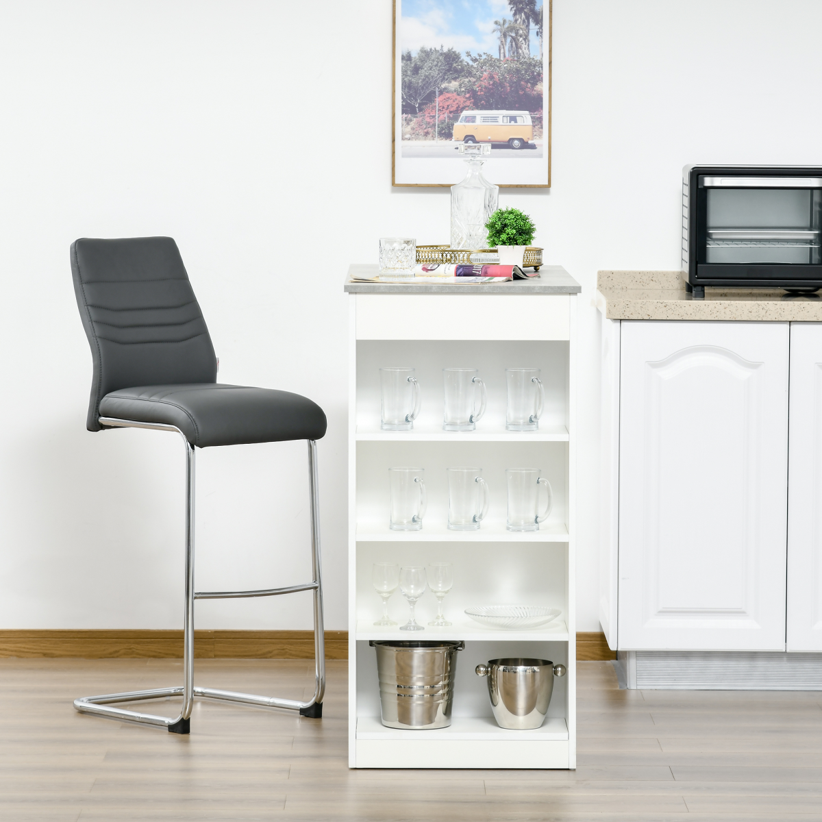 HOMCOM Bar Table with 4-Tier Side Shelves – Compact Kitchen Dining Table, Grey