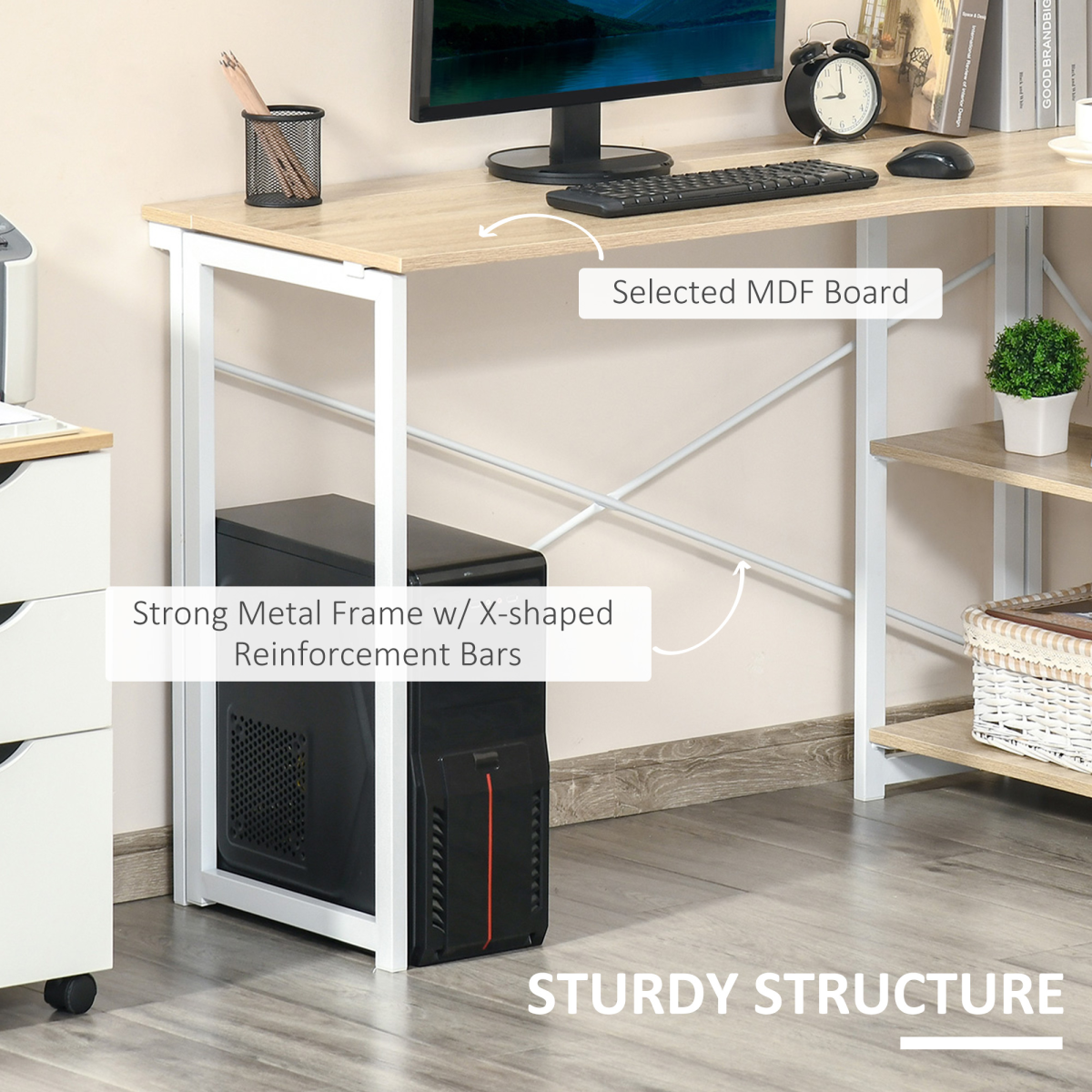 HOMCOM L-Shaped Folding Computer Desk with 2 Shelves – Oak Tone, Space-Saving Home Office