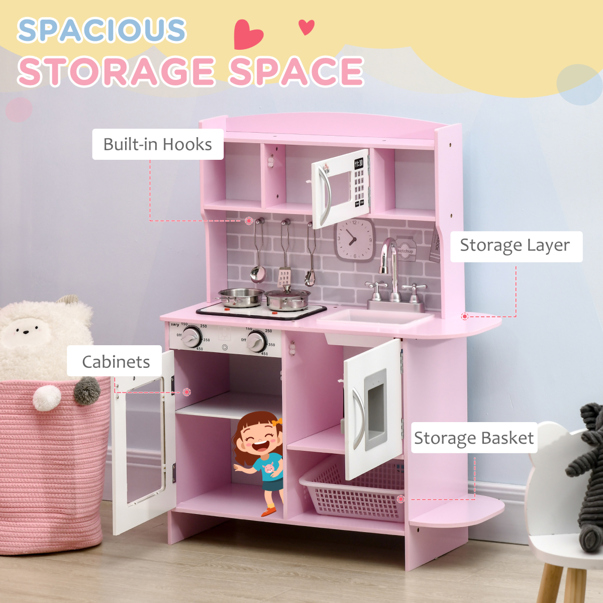 HOMCOM Kids Kitchen Play Set with Lights, Sounds, Microwave, Sink and Storage – Role Play Toy