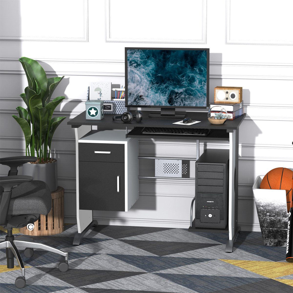 HOMCOM Computer Desk with Drawer, Keyboard Tray & CPU Stand – Home Office Workstation, Black