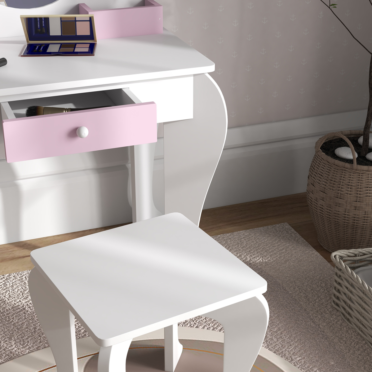 ZONEKIZ Kids Dressing Table with Mirror, Stool, Drawer & Storage Boxes – Unicorn Design Vanity Set, White