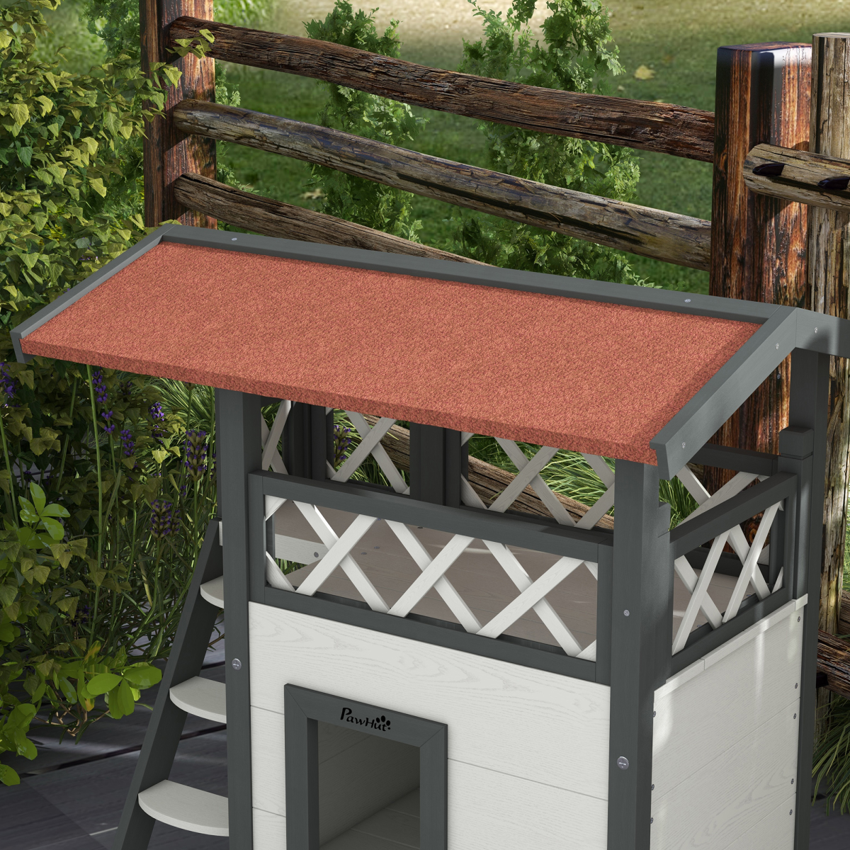 PawHut Outdoor Cat House with Balcony, Stairs and Asphalt Roof – Elevated Fir Wood Cat Shelter