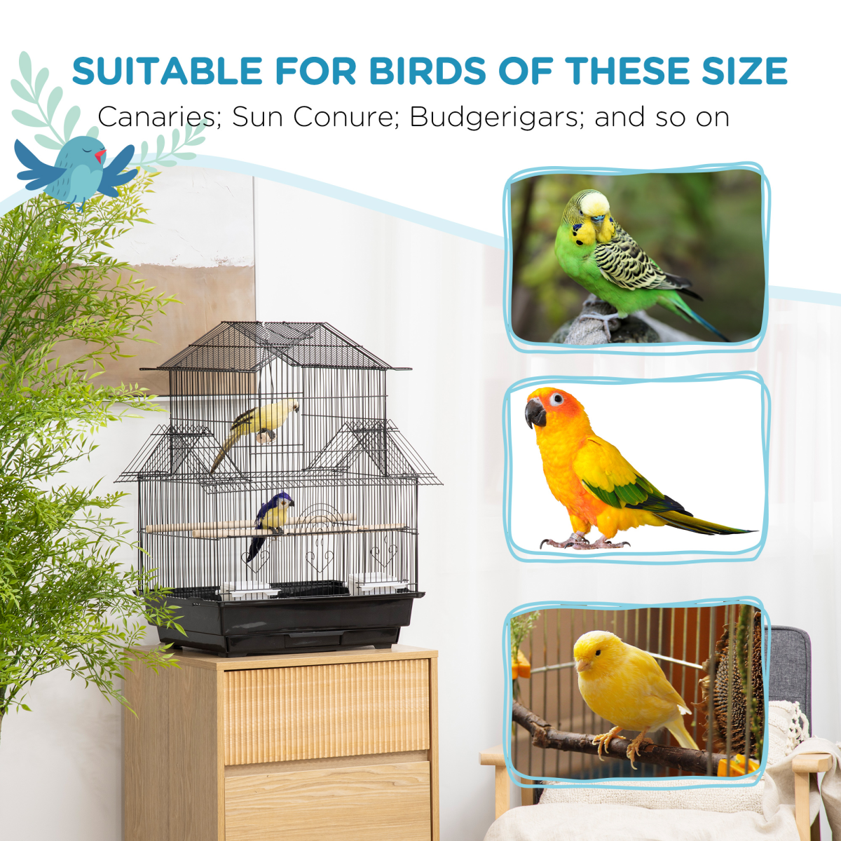 PawHut Metal Bird Cage with Plastic Perch, Food Container and Carry Handle, 50.5 x 40 x 63cm – Black