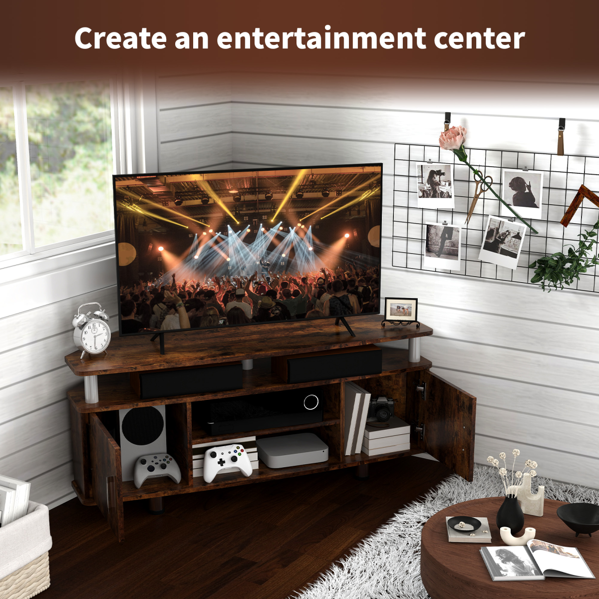HOMCOM TV Unit Cabinet with 2 Cupboards and Open Shelves – Media Storage for Living Room or Bedroom, Rustic Brown