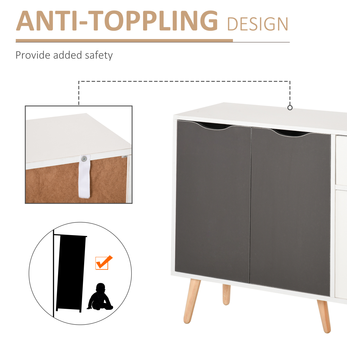 Scandinavian Sideboard Storage Cabinet with Drawer & Adjustable Shelves – Two White and Two Coloured Doors