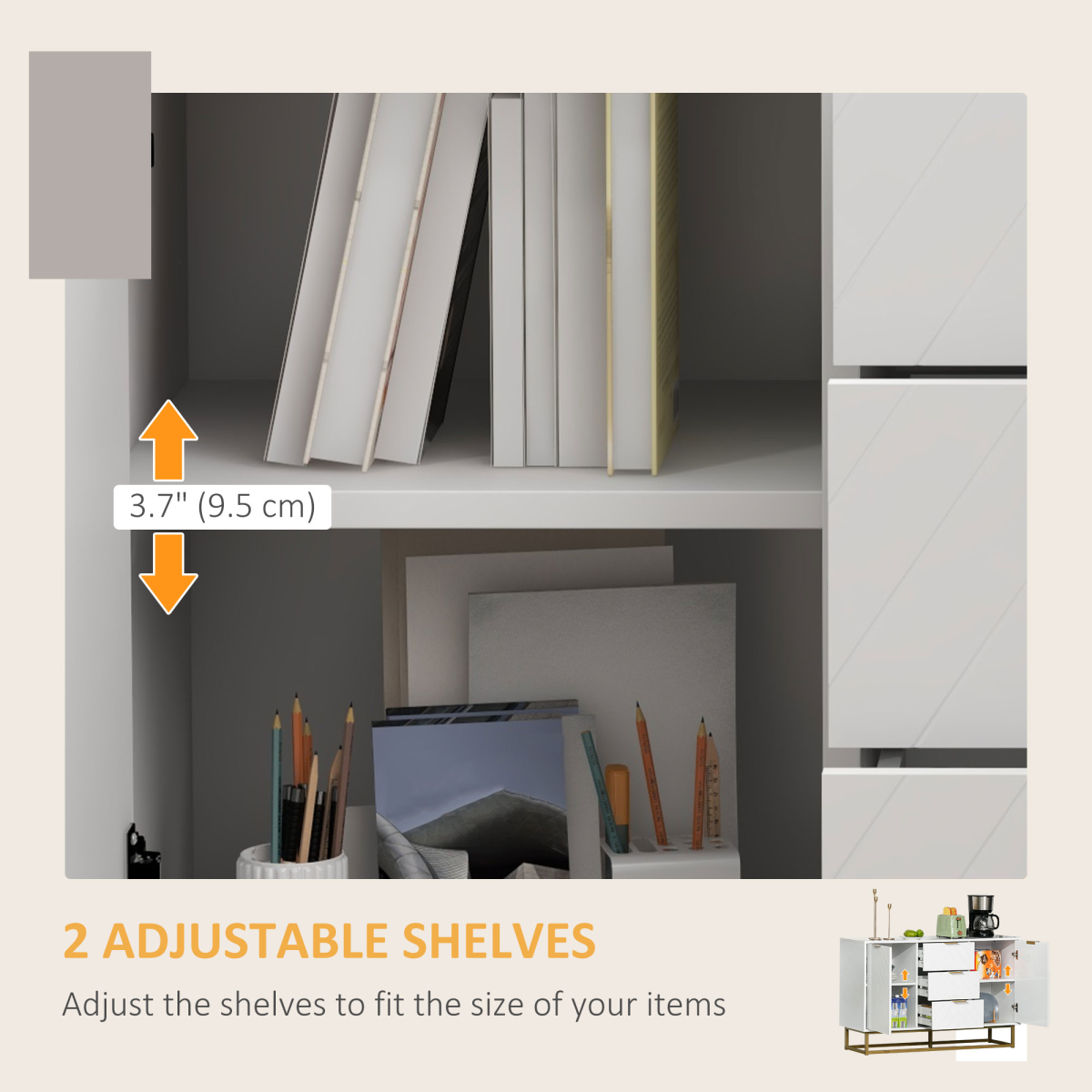 Modern Freestanding Storage Cabinet with 3 Drawers, Cupboard & Gold Base – Dining, Living Room & Bedroom