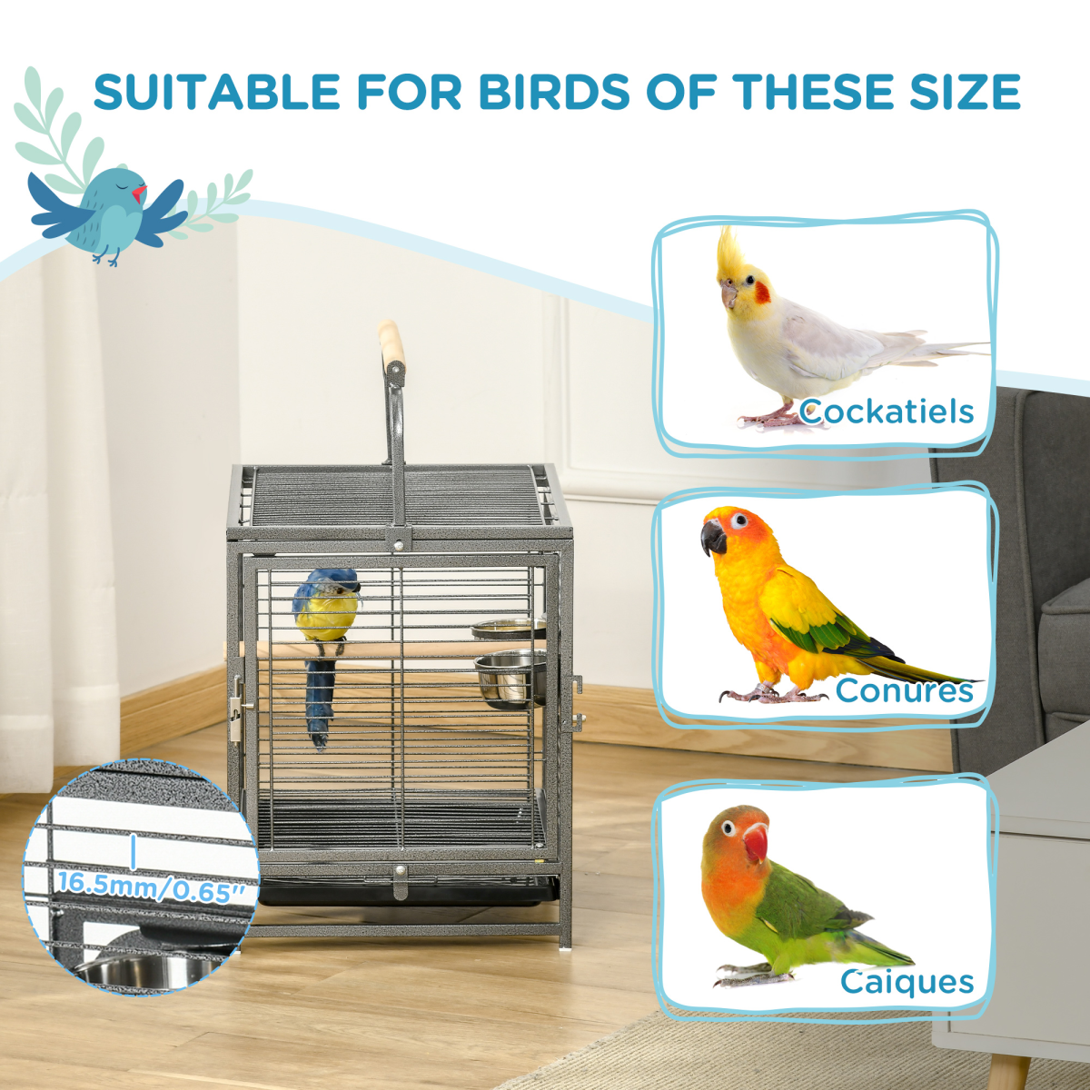 PawHut Parrot Cage Bird Carrier with Wooden Perch and Carry Handle – Steel Travel Cage, Black