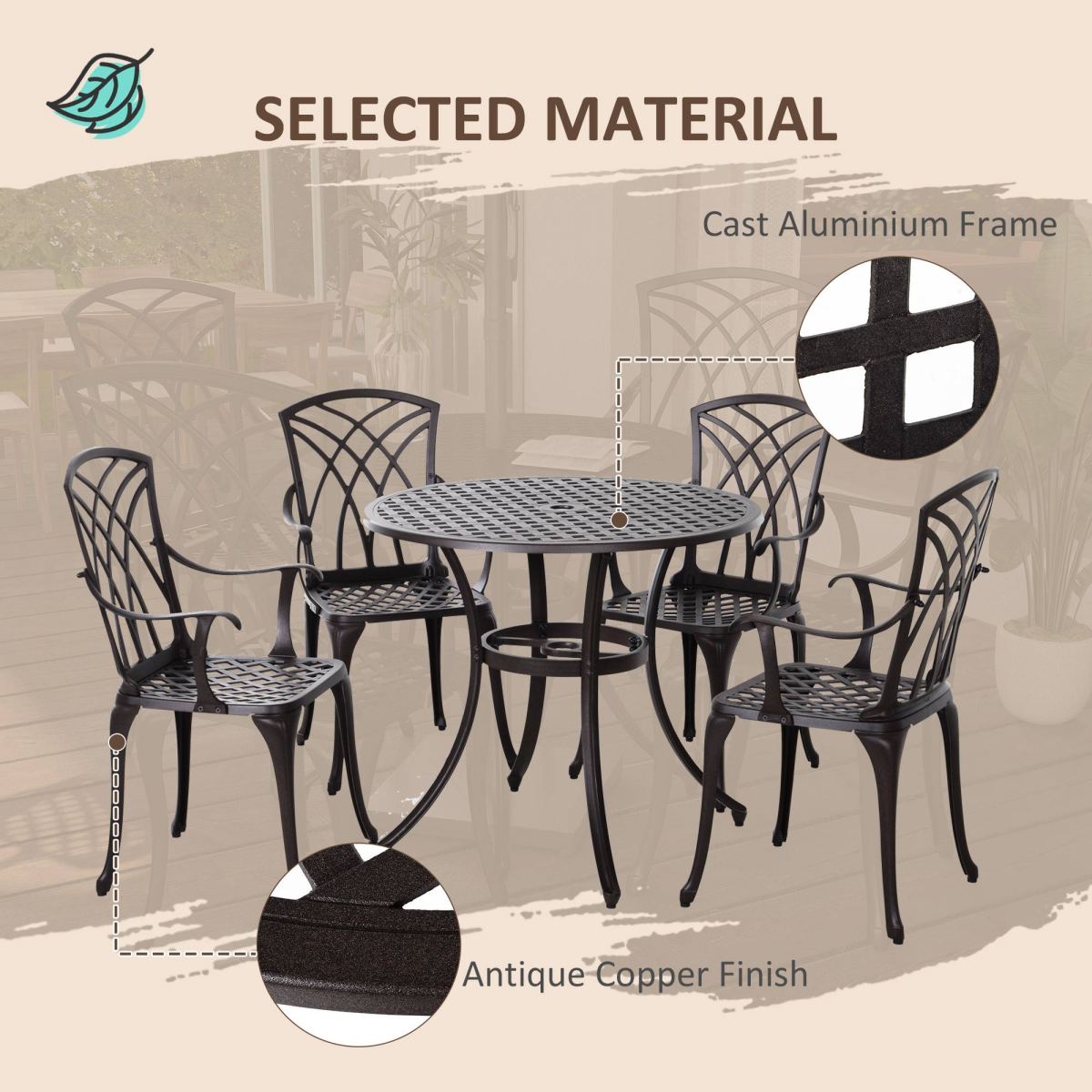 Outsunny Cast Aluminium 4-Seater Garden Bistro Set with Parasol Hole Table – Five-Piece Outdoor Dining, Brown
