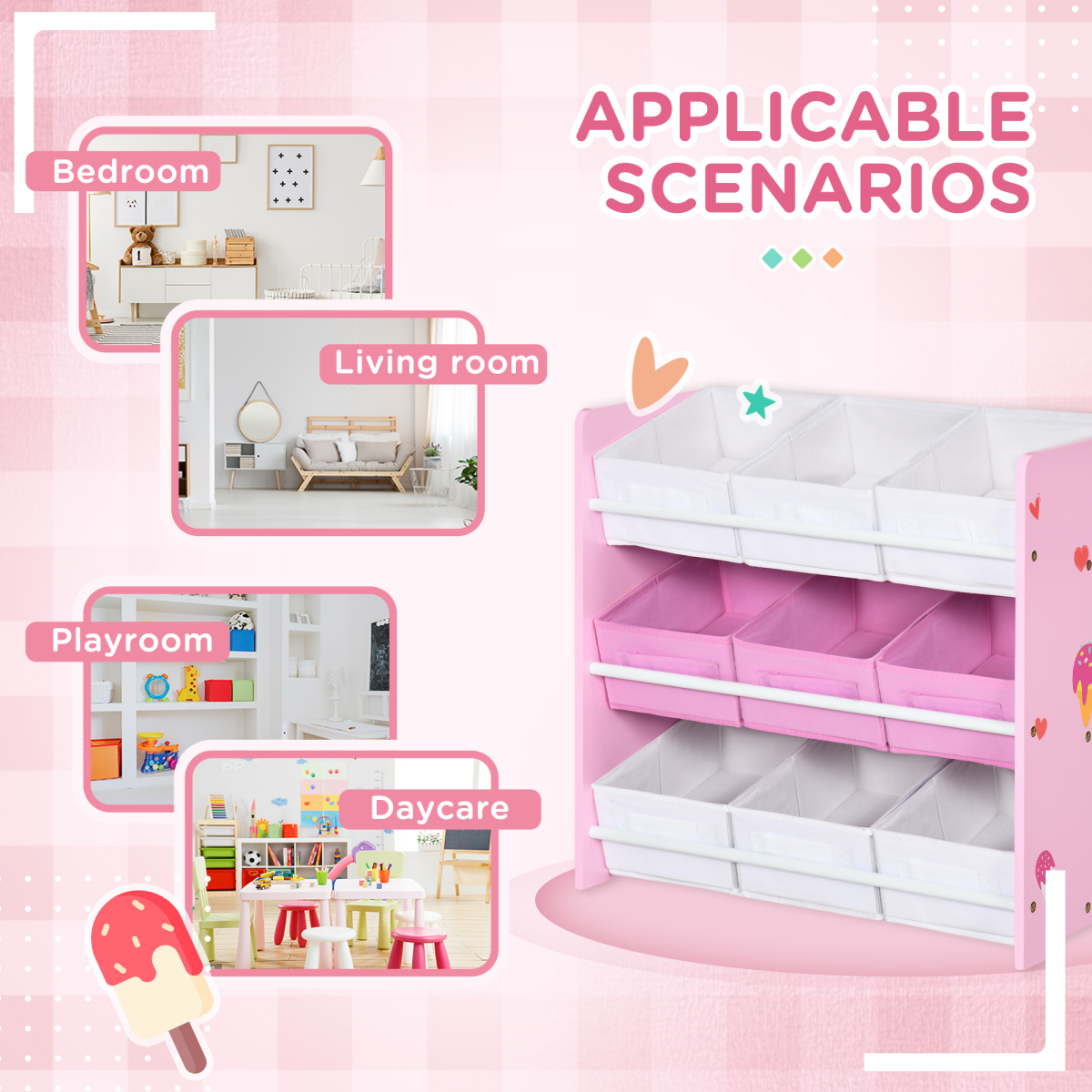 Kids Storage Unit with 9 Removable Storage Baskets for Nursery Playroom, Pink