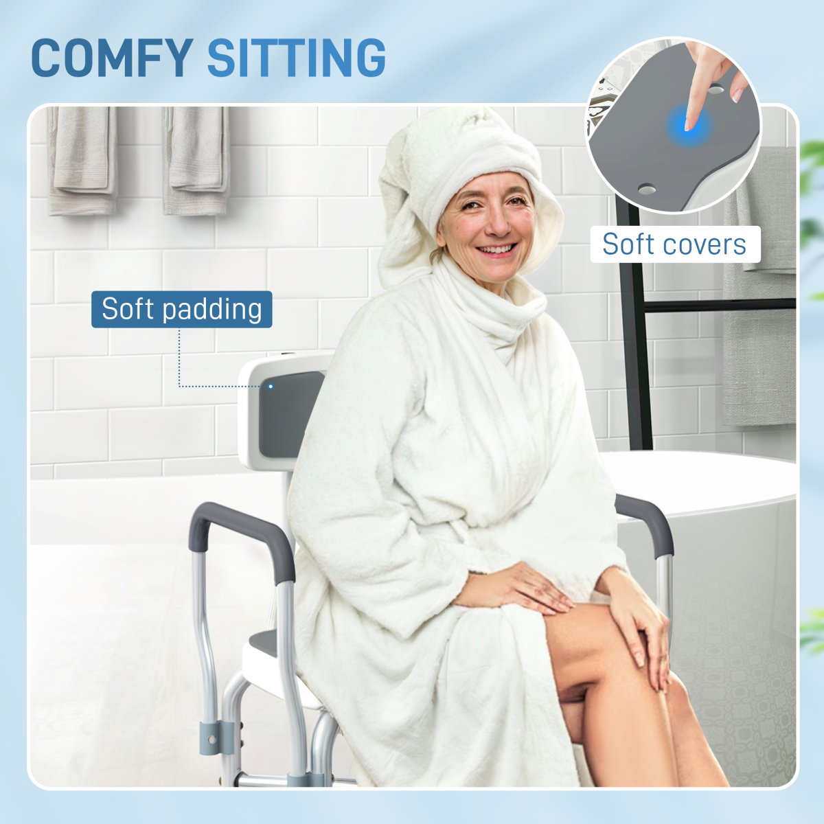HOMCOM Shower Stool with Padded Seat, Drainage Holes & Aluminium Frame – 136kg Capacity, Adjustable Height