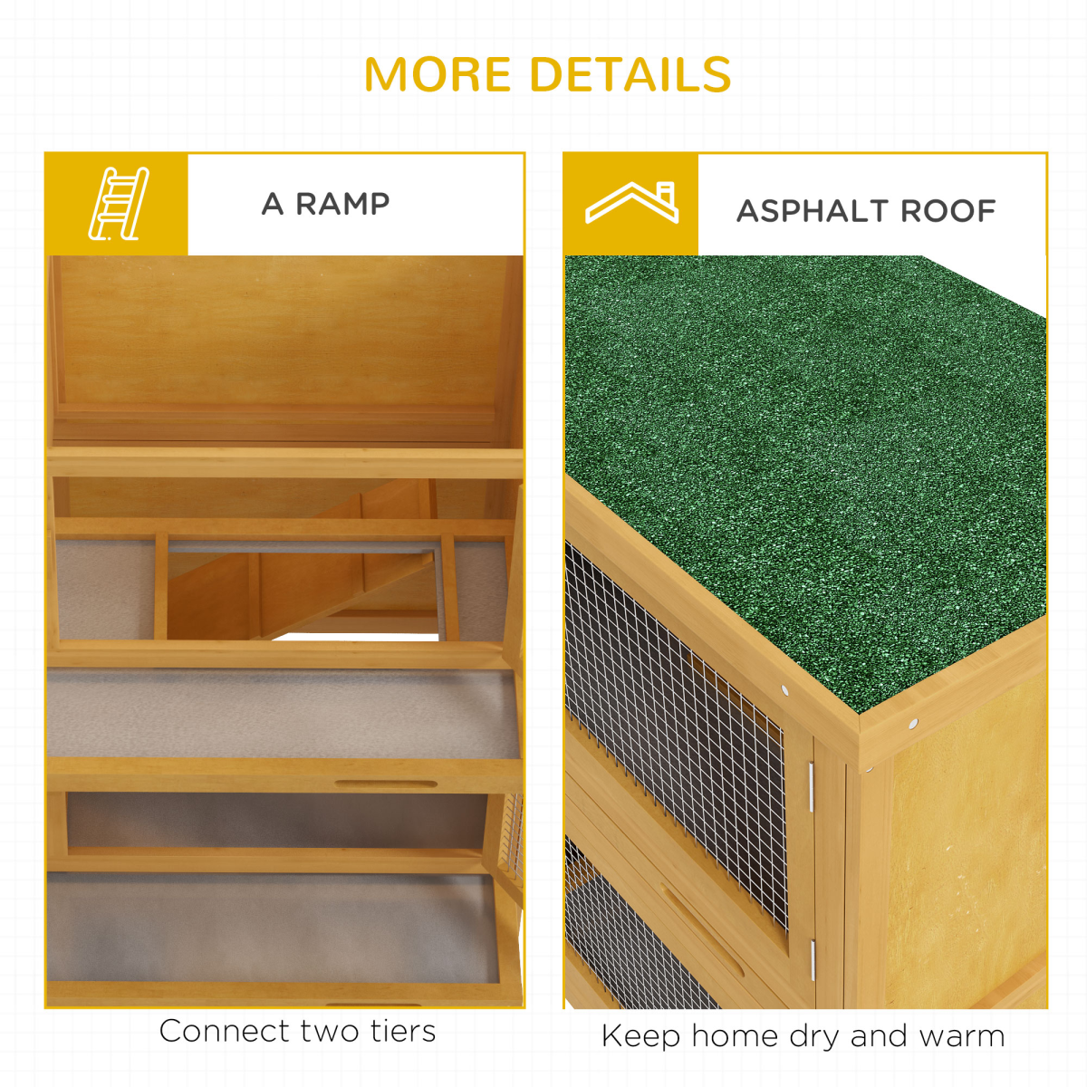 PawHut Double Decker Wooden Rabbit Hutch with Ramp, Trays and Asphalt Roof – Outdoor Bunny Cage, Yellow