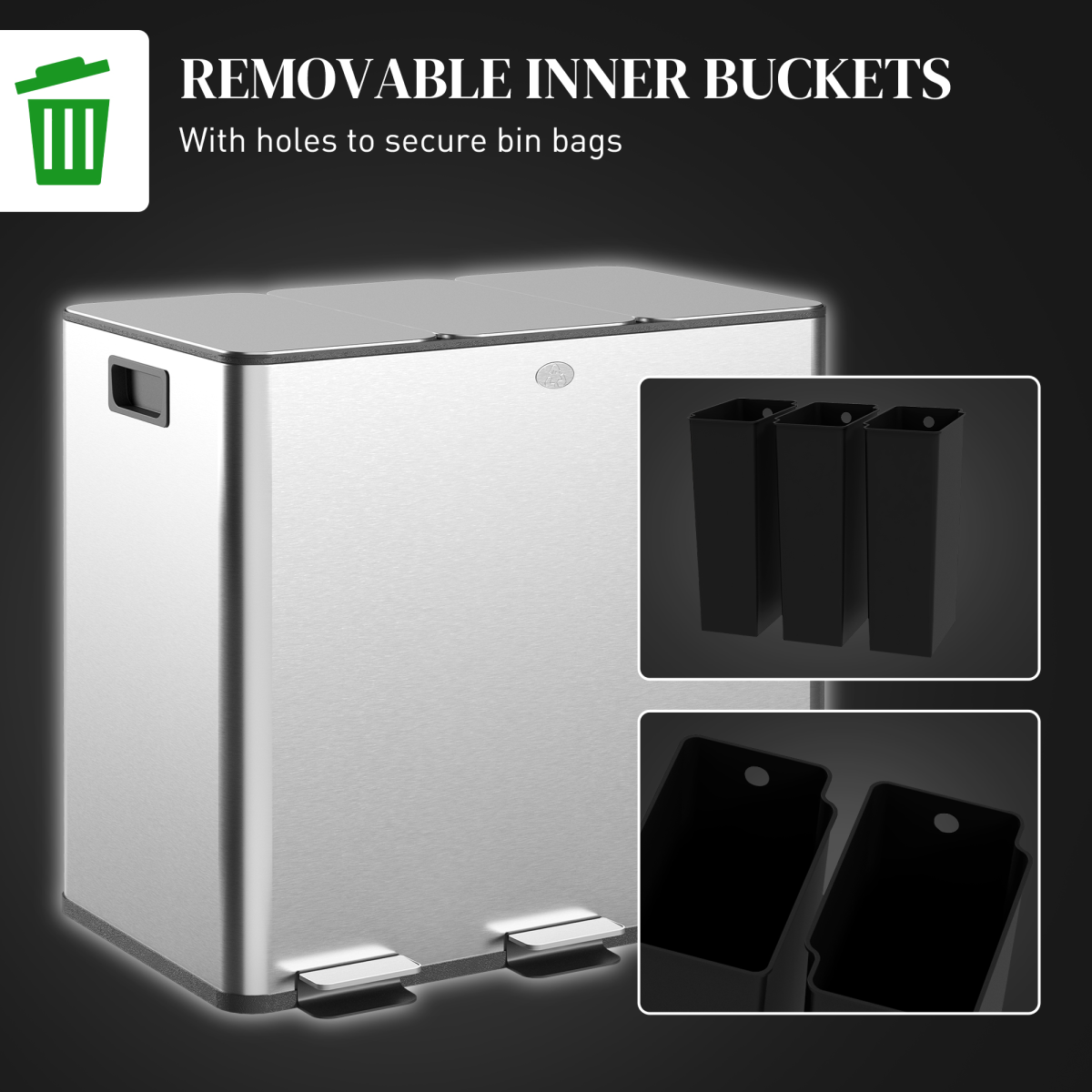 HOMCOM 3 x 15L Triple Recycling Pedal Bin with Removable Buckets – Stainless Steel Finish Kitchen Bin, Silver