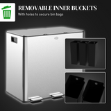 HOMCOM 3 x 15L Triple Recycling Pedal Bin with Removable Buckets – Stainless Steel Finish Kitchen Bin, Silver