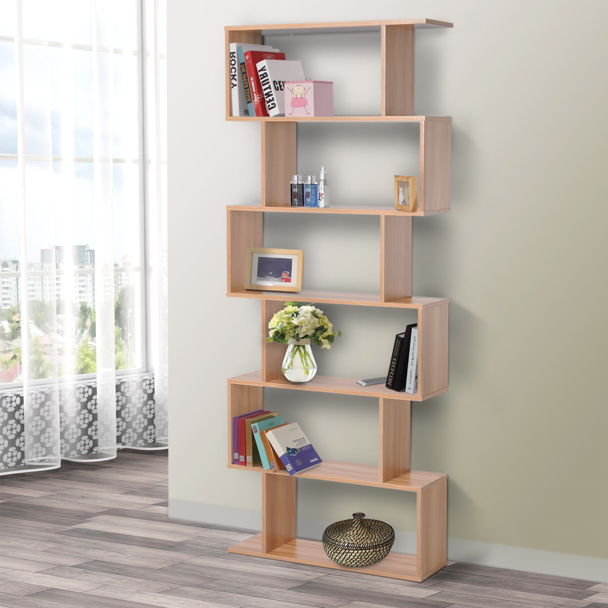6-Tier Wooden S-Shaped Shelf Storage Unit – Distinctive Bookcase for Books & Décor, Maple