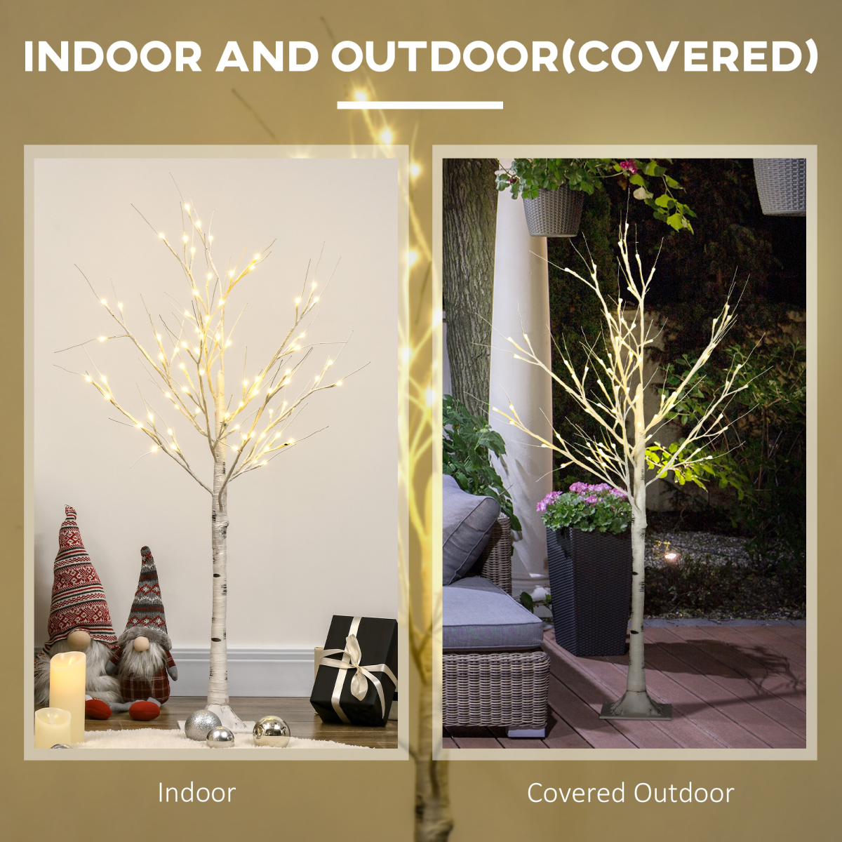 HOMCOM 4ft Artificial White Birch Tree with 72 Warm White LEDs – Pre-Lit Indoor and Covered Outdoor Decor