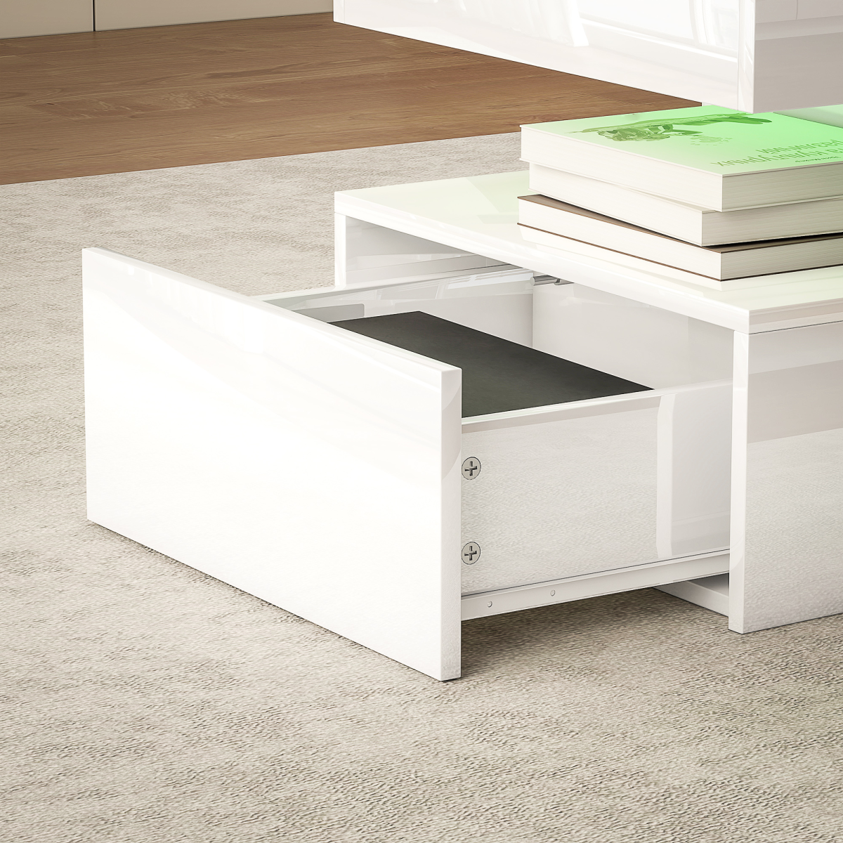 HOMCOM LED Coffee Table with Storage Drawers & Open Shelf, Remote Control – High Gloss Living Room Table, White