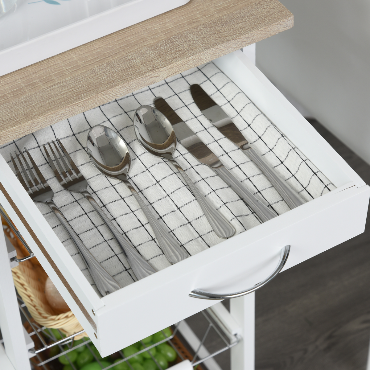 HOMCOM Multi-Use Kitchen Island Trolley with 4 Baskets, Side Racks & Drawer – Wheeled Storage Cart, White