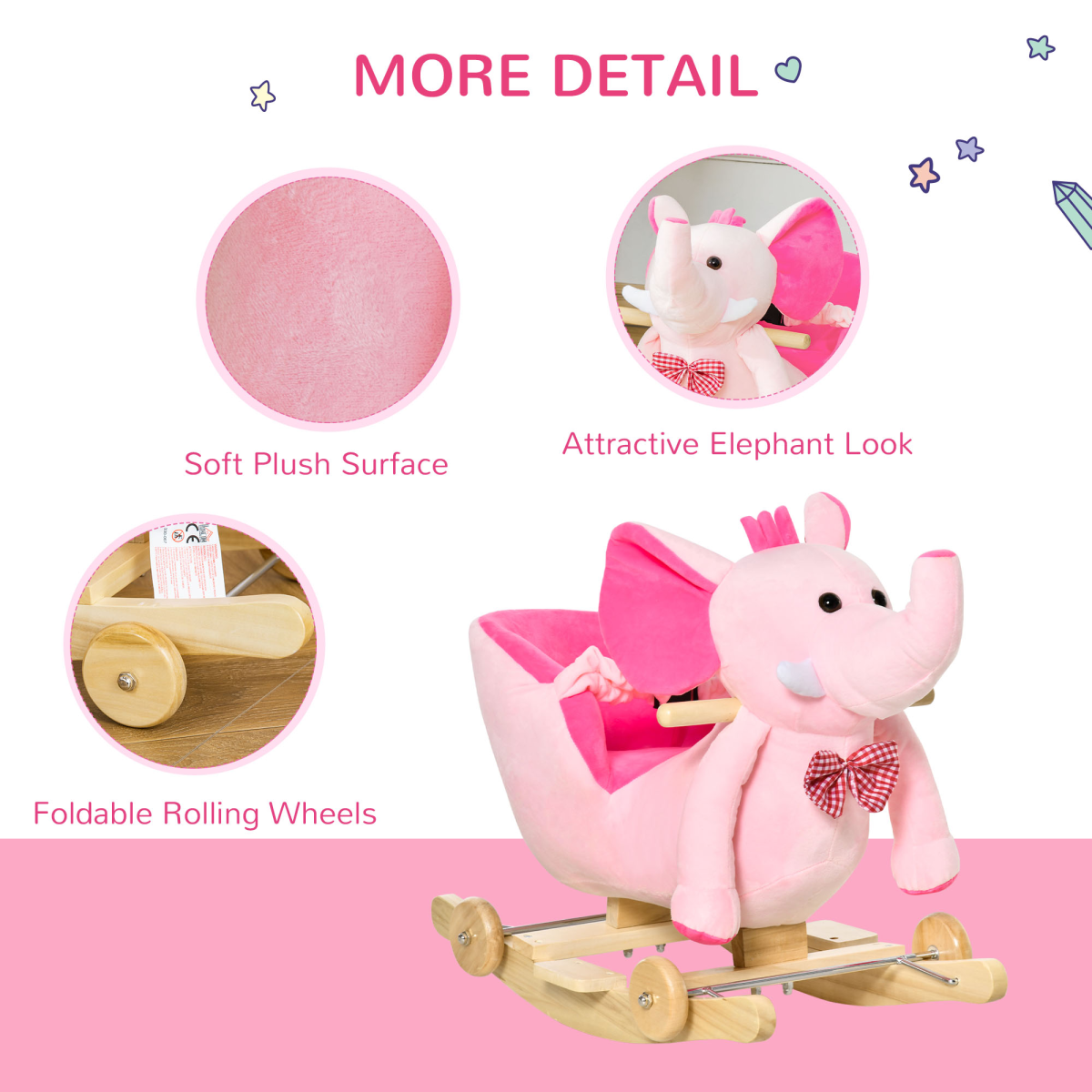 HOMCOM 2-in-1 Baby Rocking Elephant Ride-On with Wheels and 32 Nursery Rhymes – Toddler Rocker, Pink