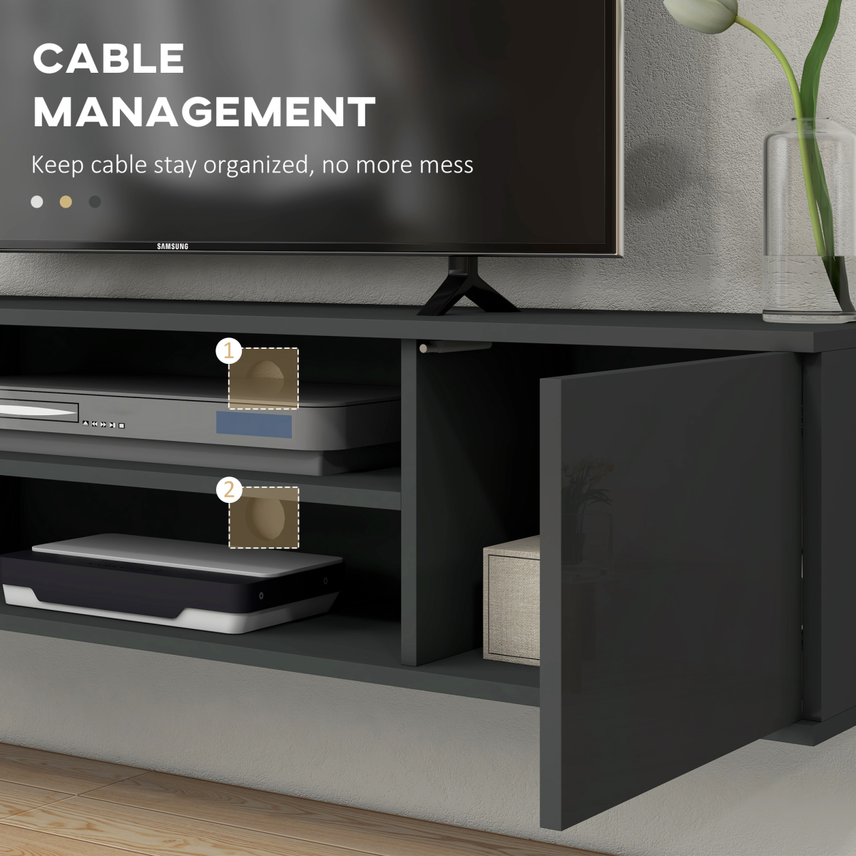 HOMCOM Wall-Mounted Floating TV Unit with Shelves & Cupboards for TVs up to 60", Grey High Gloss