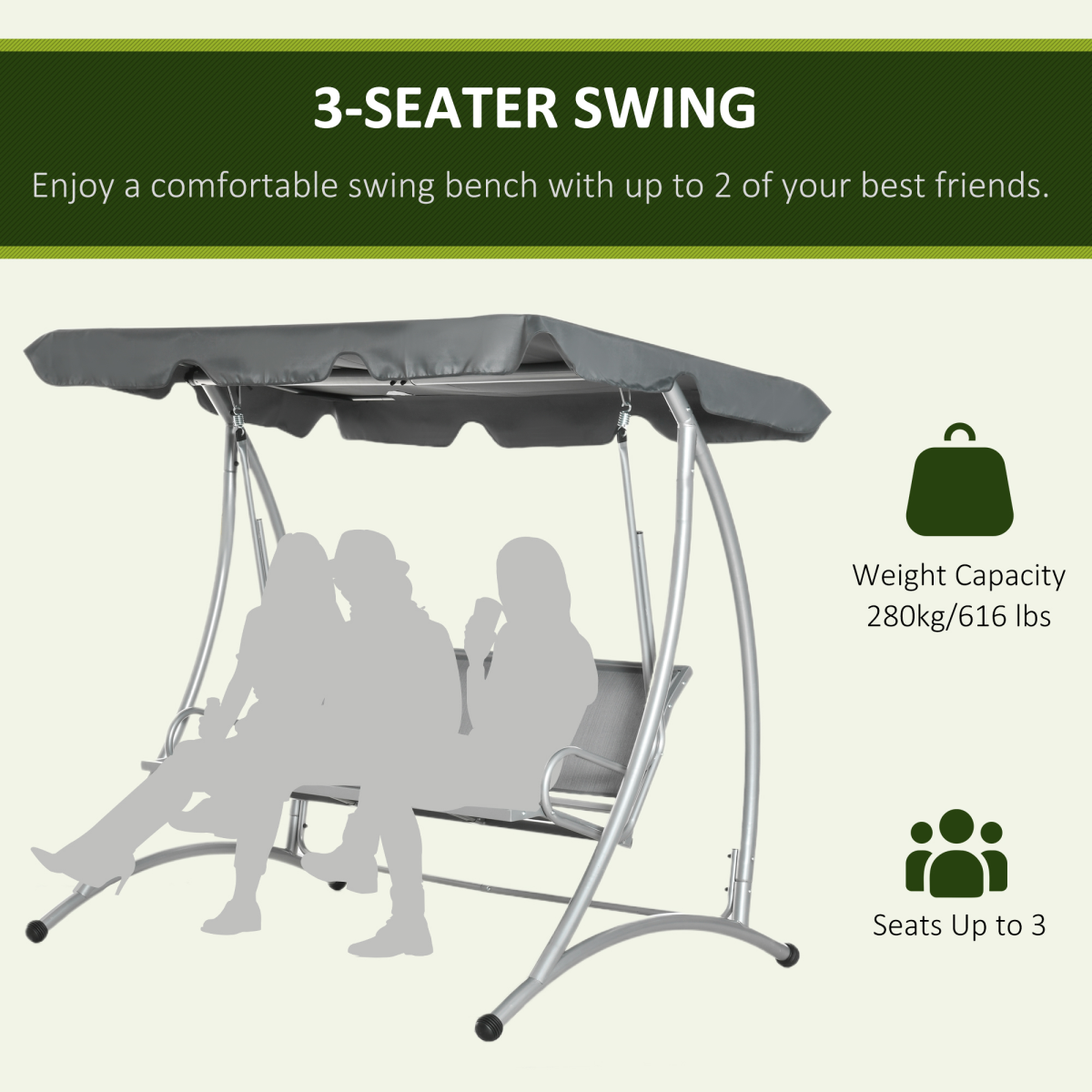 Outsunny 3 Person Steel Garden Swing Chair with Adjustable Canopy & Breathable Mesh Seat – Dark Grey