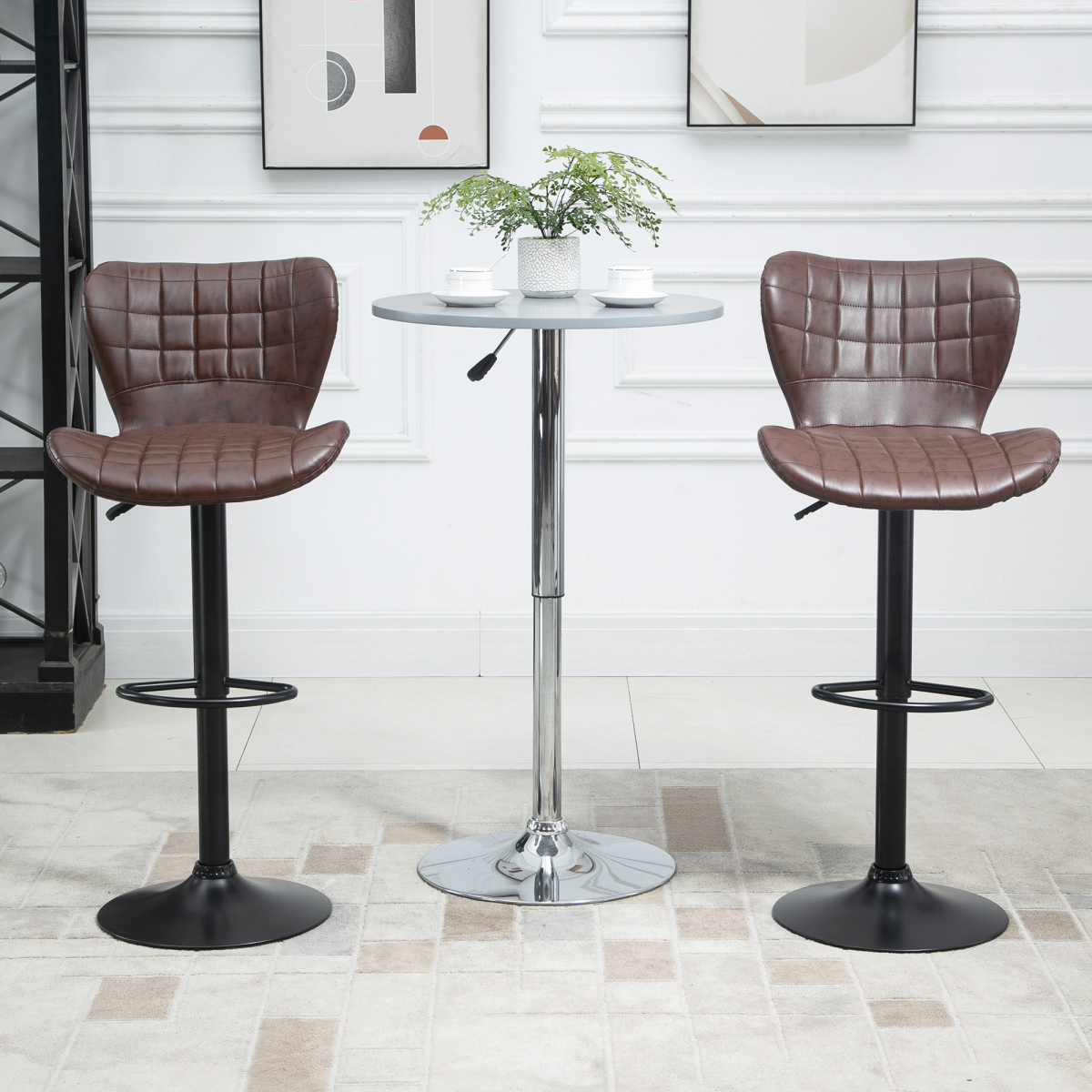 HOMCOM Adjustable Swivel PU Leather Bar Chairs with Backrest & Footrest – Set of 2, Brown