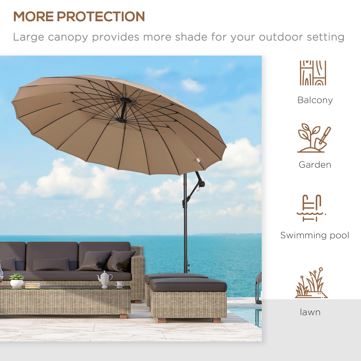 Outsunny 3m Cantilever Patio Parasol with Crank Handle, 18 Fibreglass Ribs & Cross Base – Offset Garden Shade, Khaki