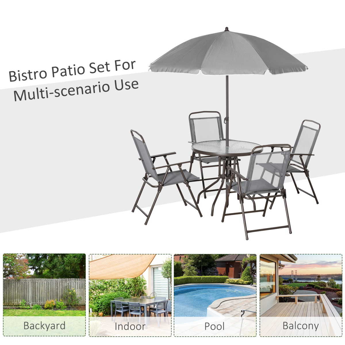 Outsunny 6-Piece Patio Dining Set with Parasol, 4 Folding Chairs and Tempered Glass Table – Steel Frame
