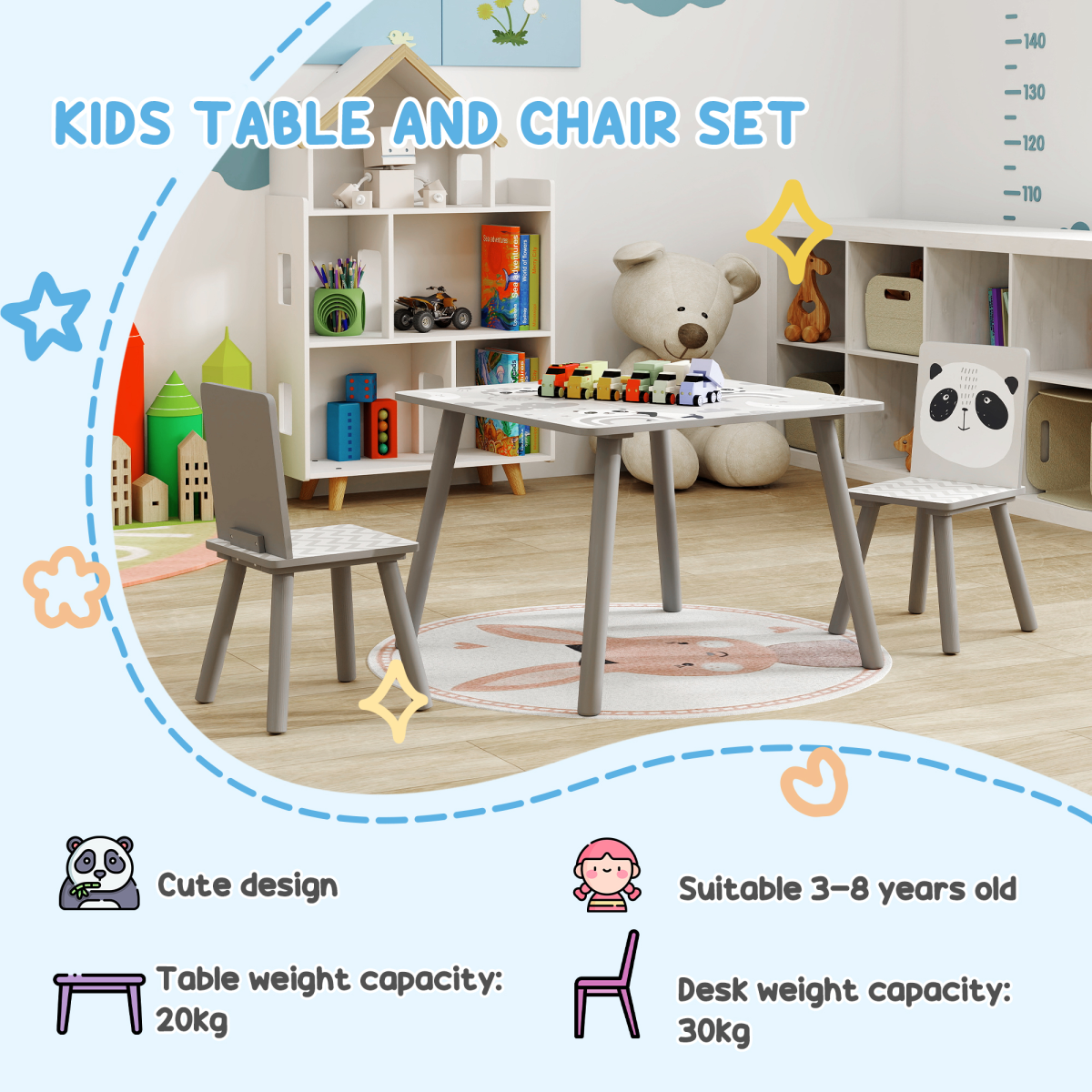 ZONEKIZ Kids Table and 2 Chairs Set – Three-Piece Toddler Activity Desk for Crafts & Homework, Grey