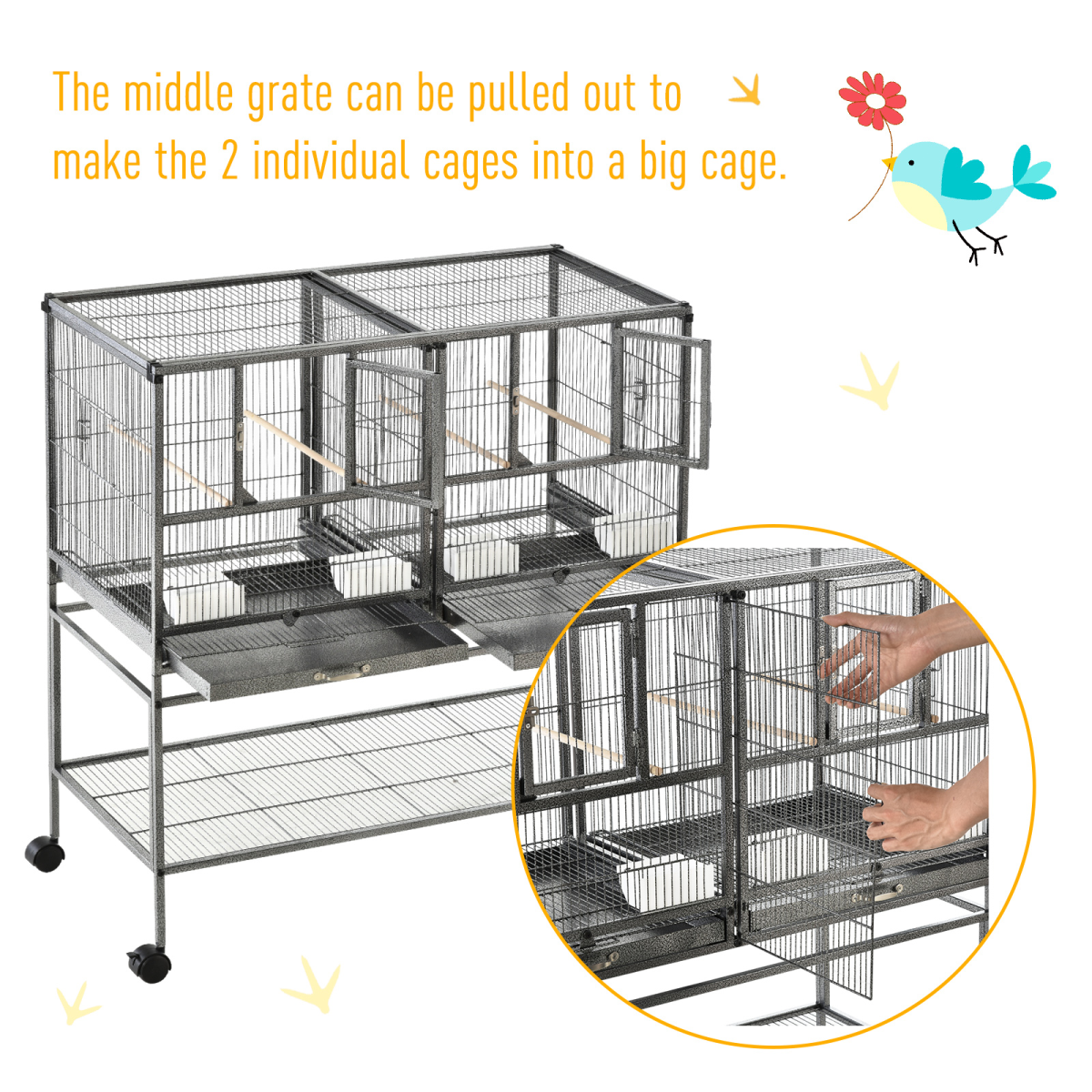 Large Rolling Bird Cage with Stand, 4 Perches and Food Bowls – Divisible Aviary for Finches and Canaries