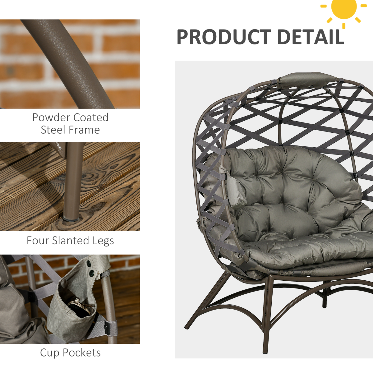 Outsunny 2-Seater Outdoor Egg Chair with Padded Cushion & Cup Pockets, Powder-Coated Steel Frame – Garden Lounger, Sand Brown