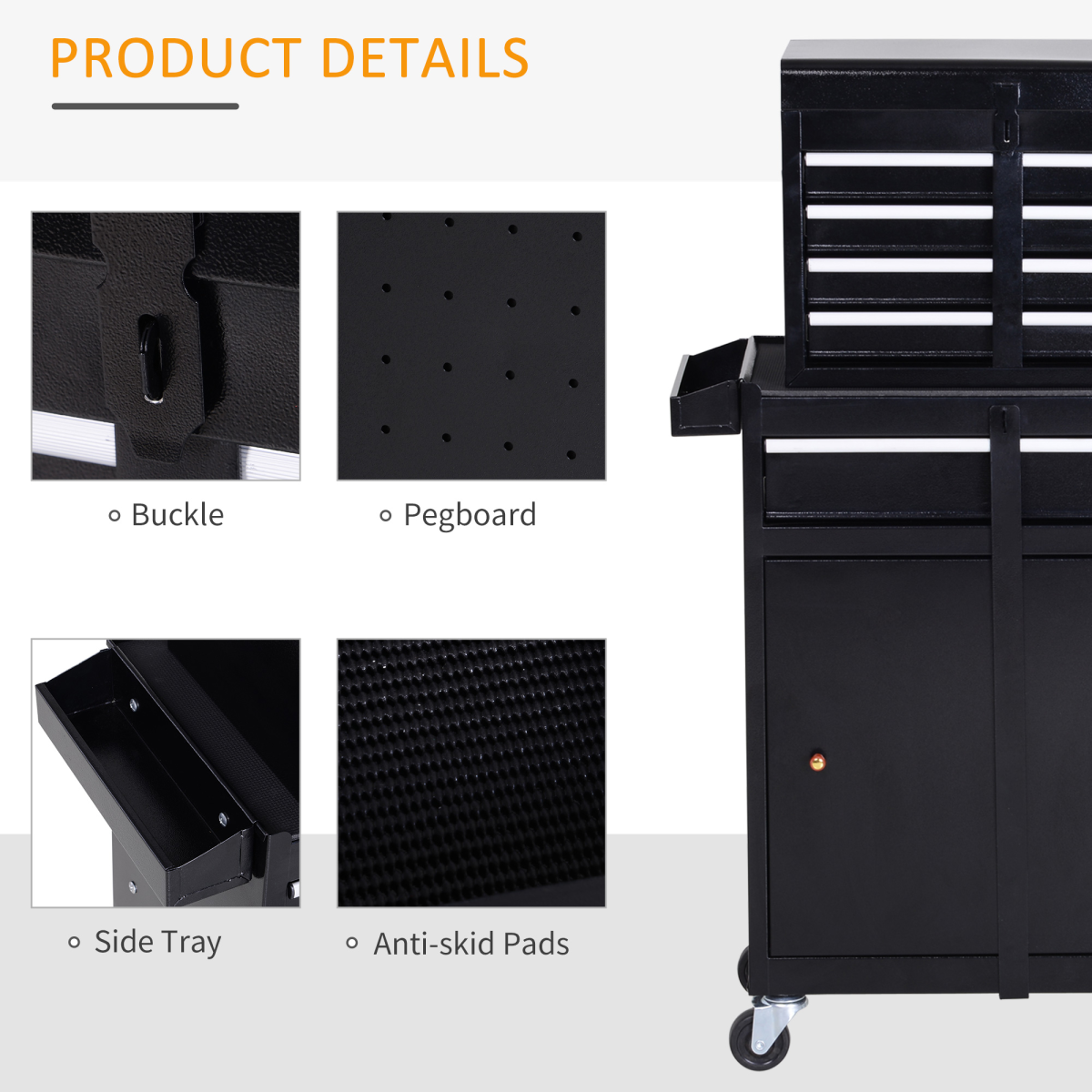 DURHAND Steel 4-Drawer Rolling Tool Cabinet with Removable Top Chest and Cupboard – Black