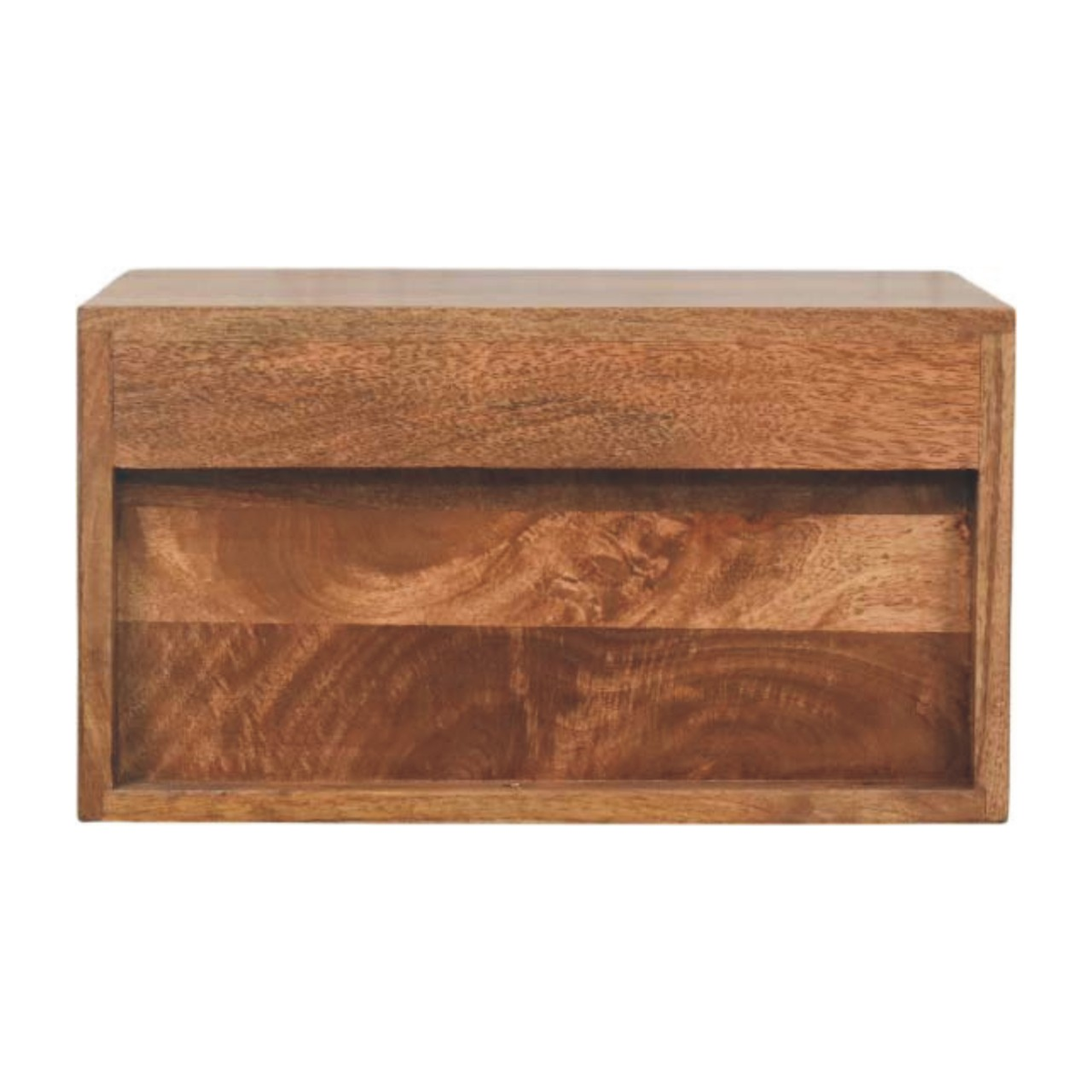 Artisan Furniture Solid Wood Arno Wall-Mounted Nightstand with Carved Drawer and Open Shelf – Golden Teak