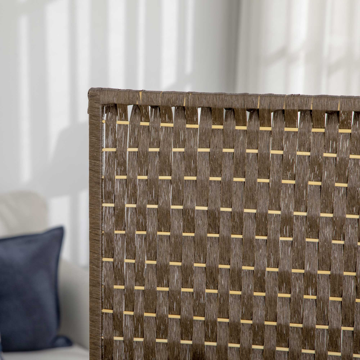 4-Panel Folding Room Divider with Shelves – Woven Wicker Effect Privacy Screen with Wood Frame, Brown