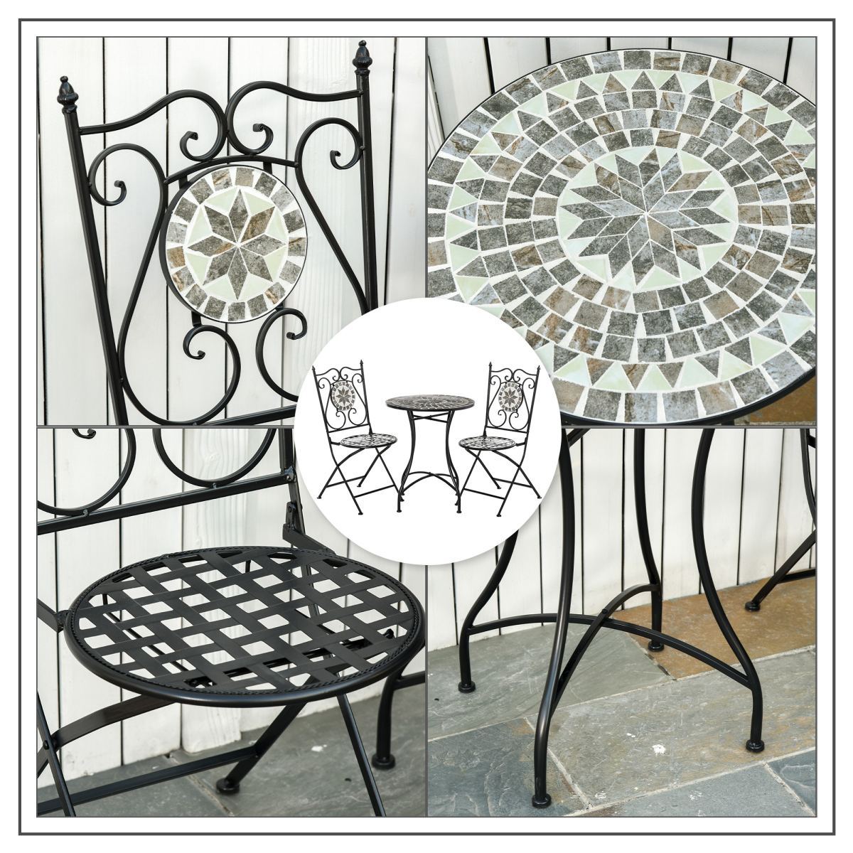 Outsunny 3-Piece Mosaic Tile Bistro Set with Folding Chairs – Compact Garden Patio Table and Chairs