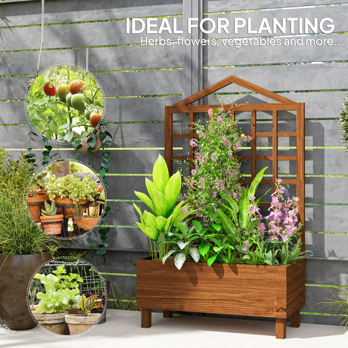 Outsunny Wooden Garden Planter with Trellis & Fabric Liner Bag – Fir Wood Climbing Plant Planter, Brown