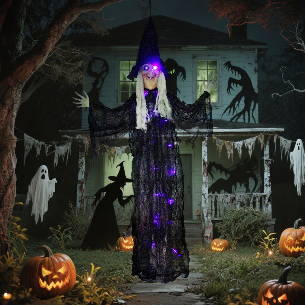 Outsunny Voice Activated Halloween Animatronics Witch, 183cm Life-Sized with Sound and Light Effects, Black