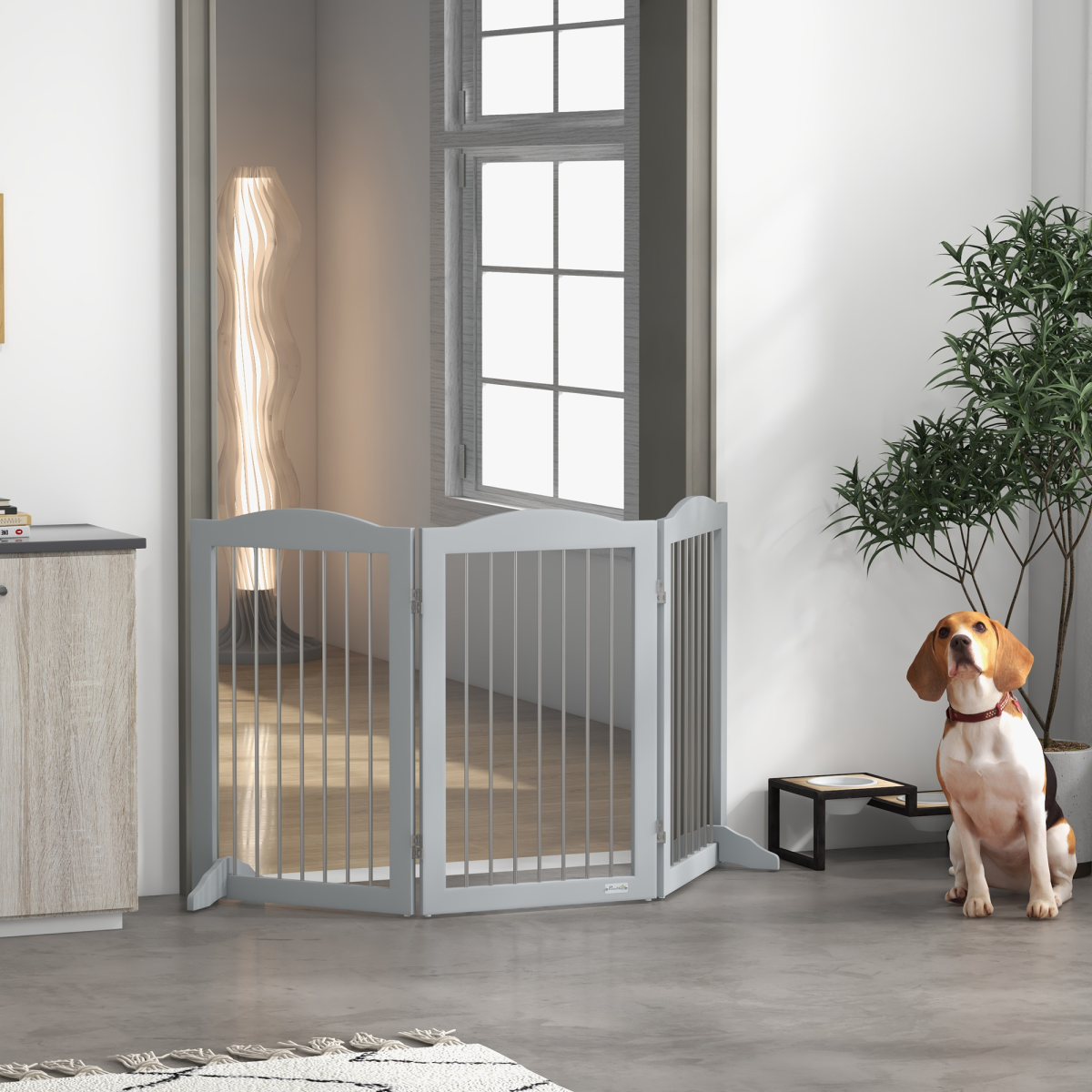 PawHut Foldable Dog Gate with Two Support Feet – Freestanding Pet Barrier for Doorways & Stairs, Grey