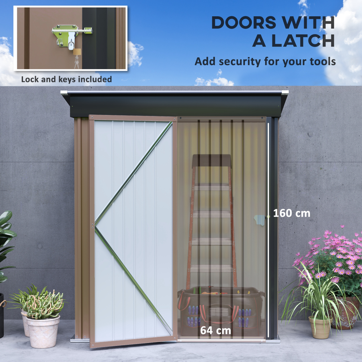 Outsunny 5 x 3ft Lean-To Galvanised Steel Garden Shed with Lock and Adjustable Shelves – Dark Grey and Brown