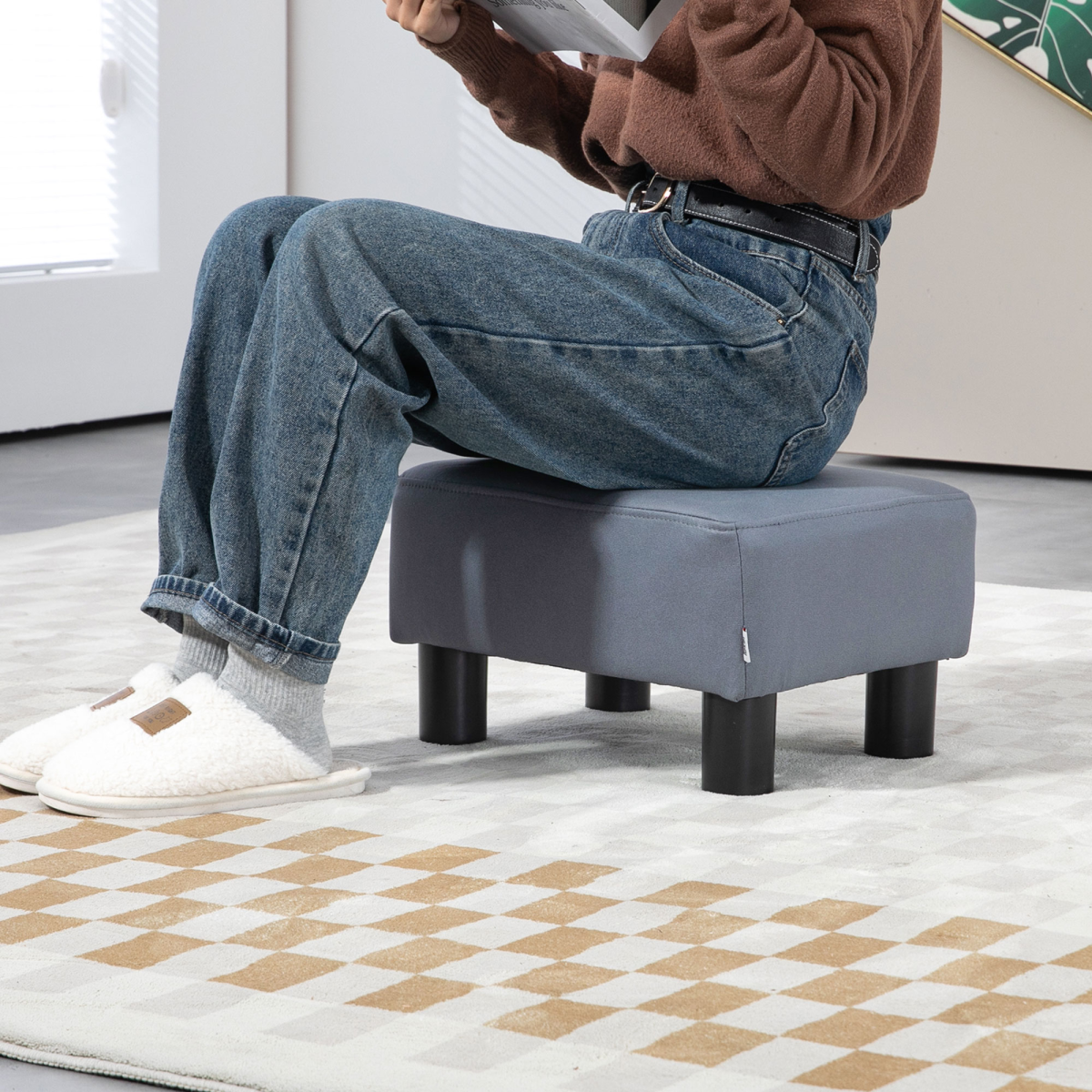 Small Ottoman Footrest Seat Footstool with Foam Padding – Home Office Footstool, Grey