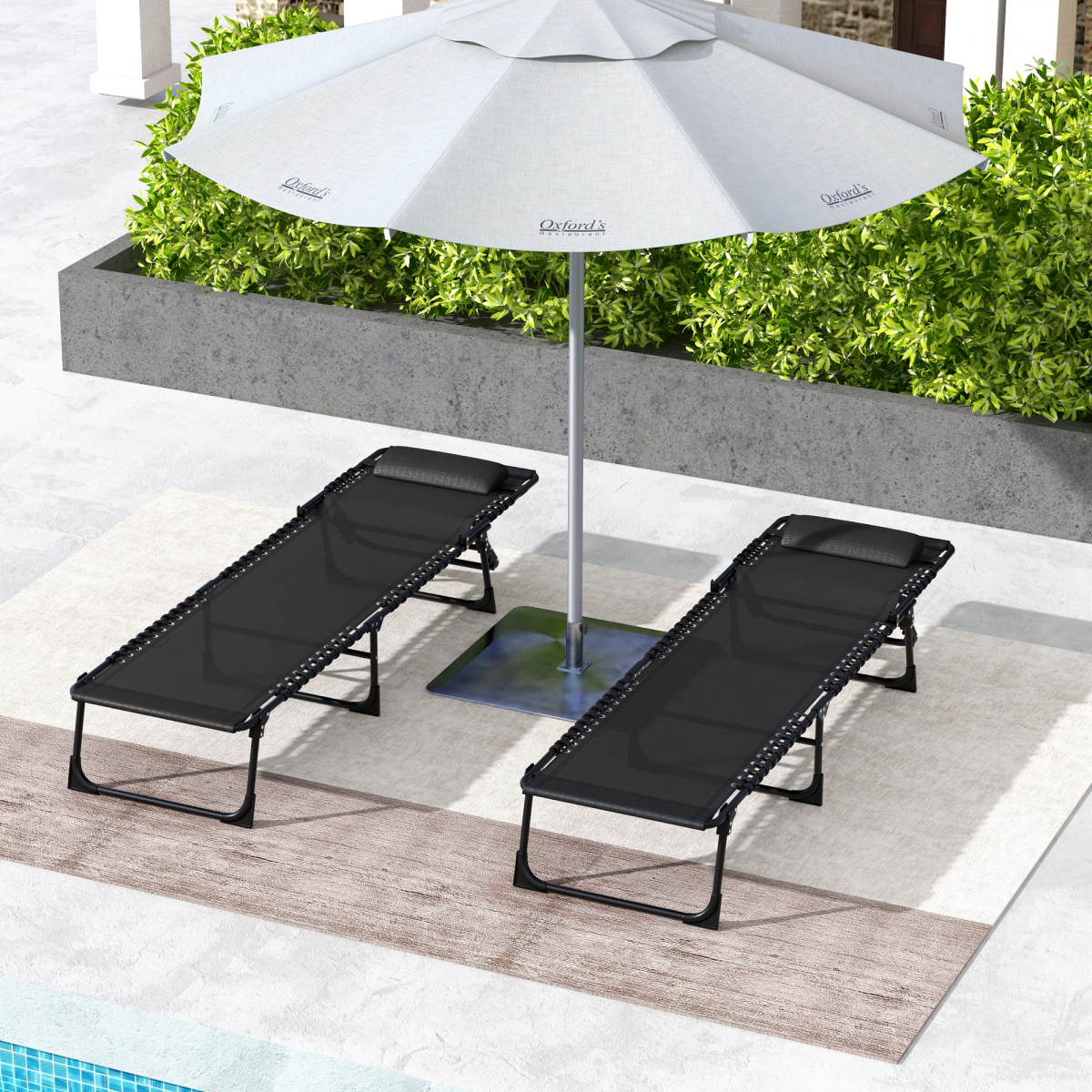 Outsunny Set of 2 Folding Beach Lounge Chairs with 4-Position Recline & Padded Headrest – Steel Frame, Black