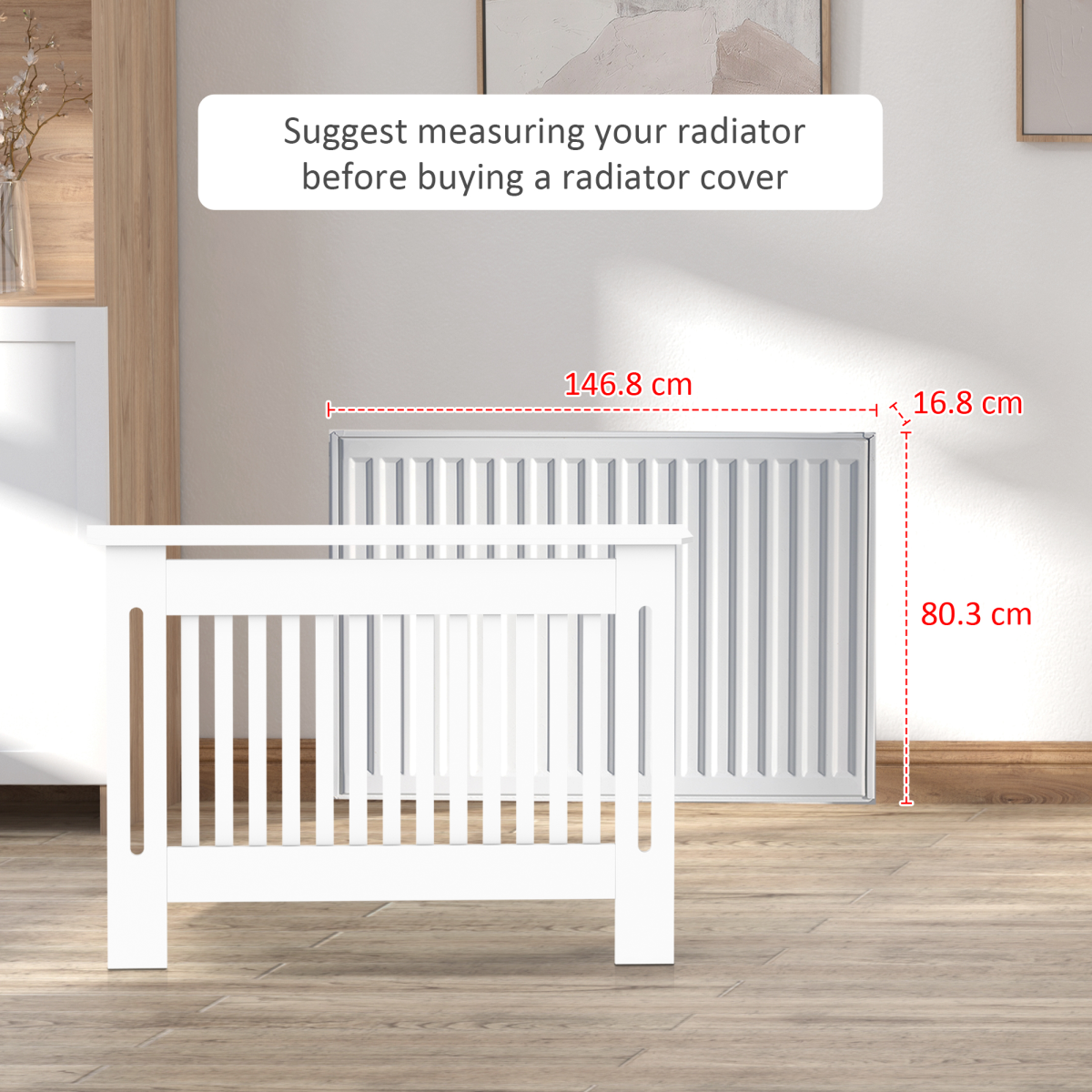 HOMCOM White Slatted MDF Radiator Cover with Lined Grill – Heat-Friendly Shelf, 152 x 19 x 81cm