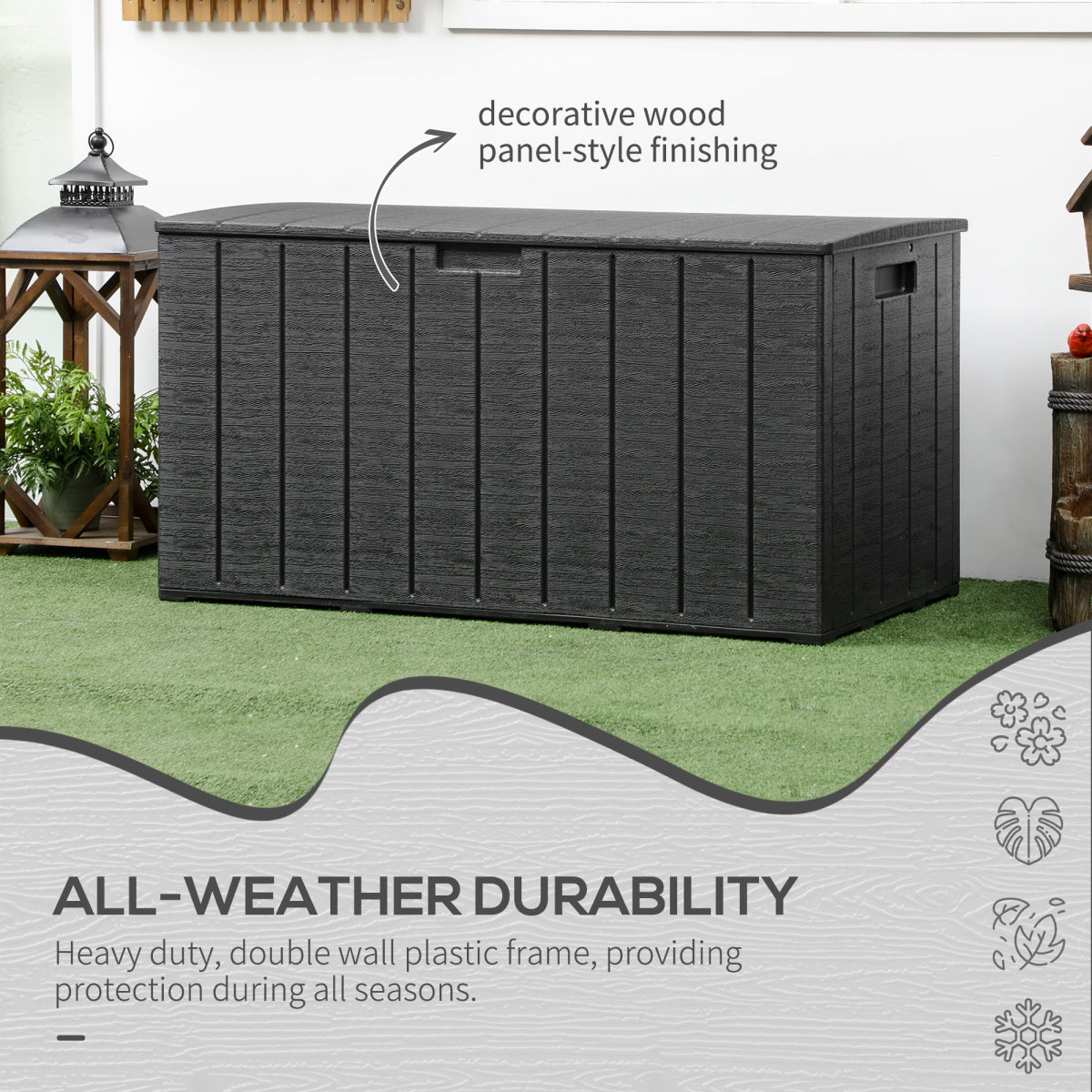 Outsunny 366 Litre Rolling Outdoor Garden Storage Box with Hydraulic Lid – Weather-Resistant Plastic Container, Black