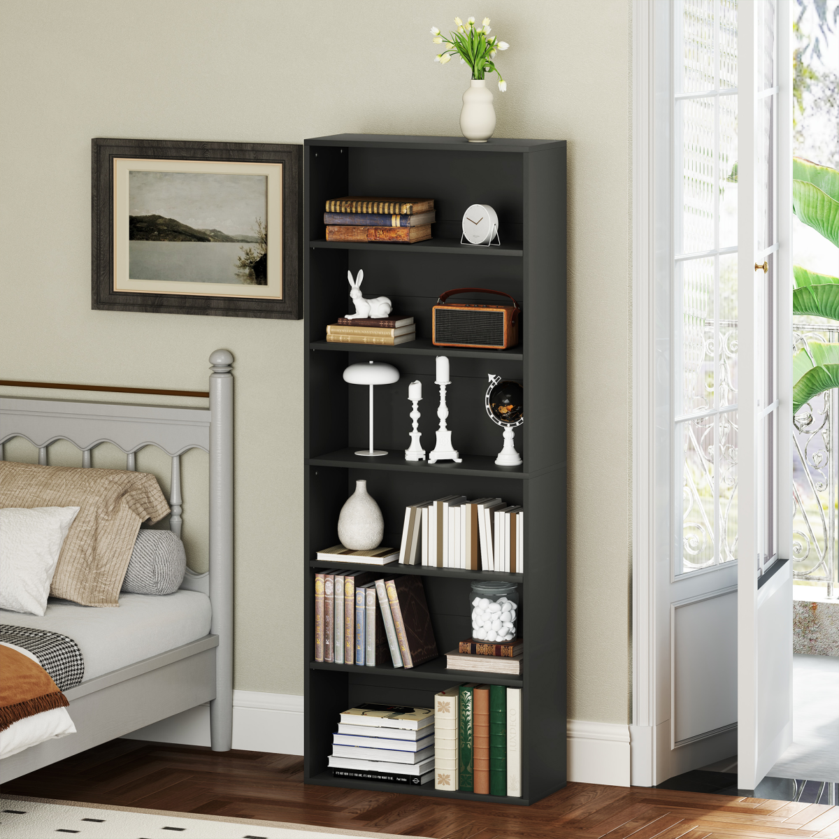 HOMCOM 6 Tier Bookshelf with 4 Adjustable Shelves and Anti-Tip Straps – Freestanding Bookcase, Black