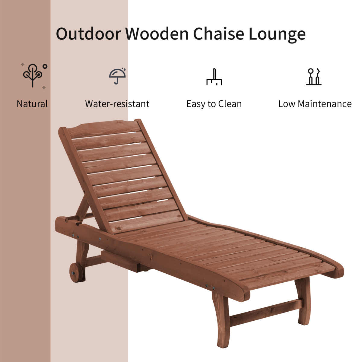 Outsunny Wooden Sun Lounger with 3-Position Adjustable Back & Pull-Out Table – Fir Wood, Wheels, Red Brown