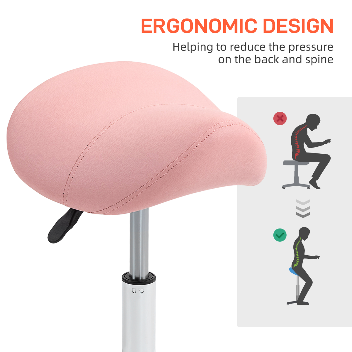 HOMCOM PU Leather Saddle Stool with Moulded Padded Seat, 49–61cm Adjustable Height – Salon & Home Use, Pink
